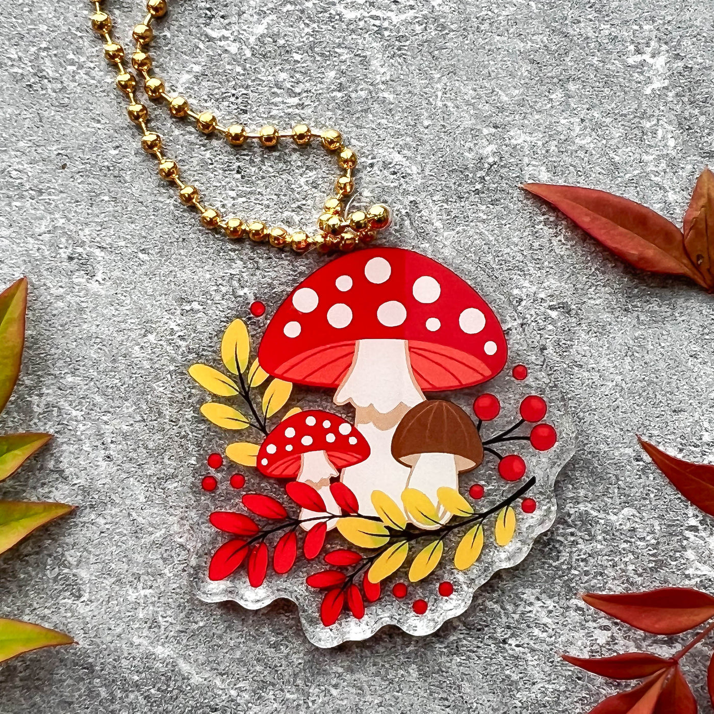 Autumn mushrooms acrylic keychain. Double-sided, backside is the same design, but reversed.