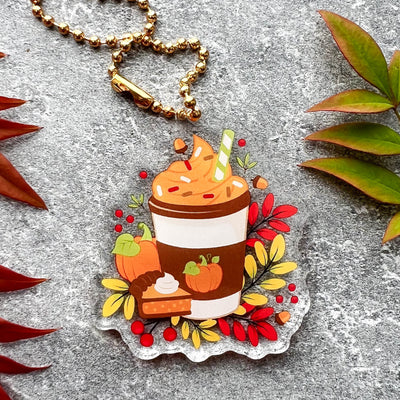 Autumn coffee acrylic keychain. Double-sided, backside is the same design, but reversed.