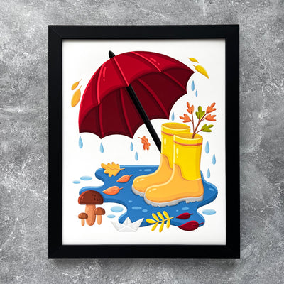 Bring the life and the autumn colors to your favorite home or office space with our Fall Boots and Umbrella art print! This original design is featuring rainy weather in bold, bright colors.