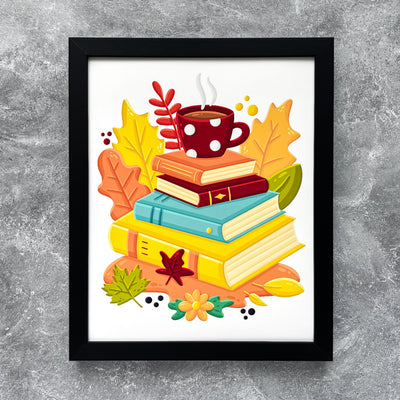 Bring the life and the autumn colors to your favorite home or office space with our Fall Books and Coffee art print! This original design is featuring autumn-themed pile of books in bold, bright colors.