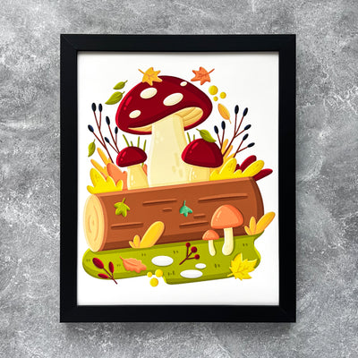 Bring the life and the autumn colors to your favorite home or office space with our Fall Mushrooms art print! This original design is featuring an autumn-themed mushrooms on a log in bold, bright colors.