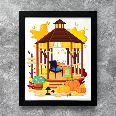 Bring the life and the autumn colors to your favorite home or office space with our Fall Gazebo art print! This original design is featuring an autumn-themed gazebo with cozy scene in bold, bright colors.