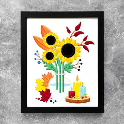 Bring the life and the autumn colors to your favorite home or office space with our Autumn Sunflowers art print! This original design is featuring an autumn-themed sunflowers in a vase with burning candles on a side in bold, bright colors.