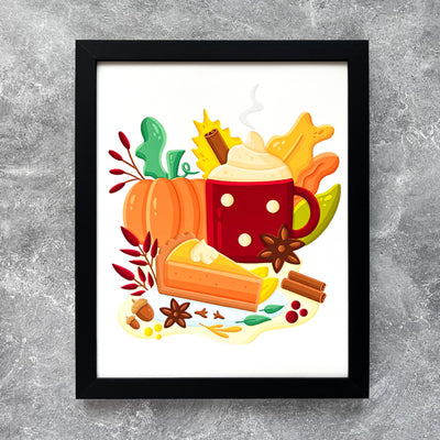 Bring the life and the autumn colors to your favorite home or office space with our Pumpkin Coffee and Pumpkin Pie art print! This original design is featuring an autumn beverage with pumpkin dessert in bold, bright colors.