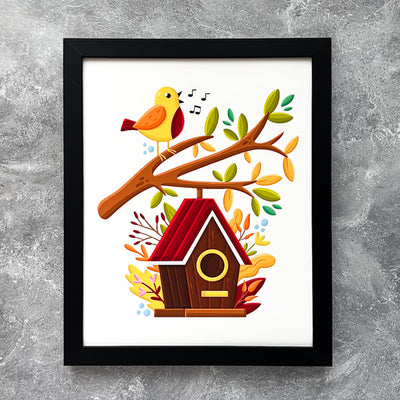 Bring the life and the autumn colors to your favorite home or office space with our Autumn Birdhouse art print! This original design is featuring cute birdhouse in bold, bright colors.