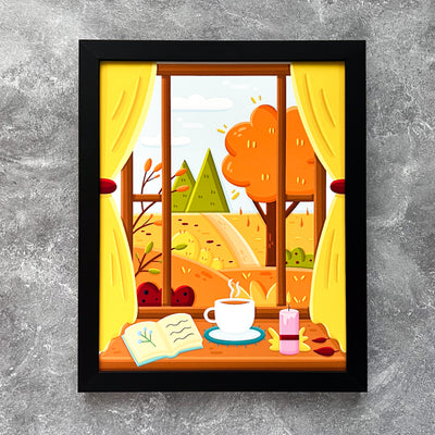 Bring the life and the autumn colors to your favorite home or office space with our Autumn Window View art print! This original design is featuring an autumn scenic view from your home window in bold, bright colors.