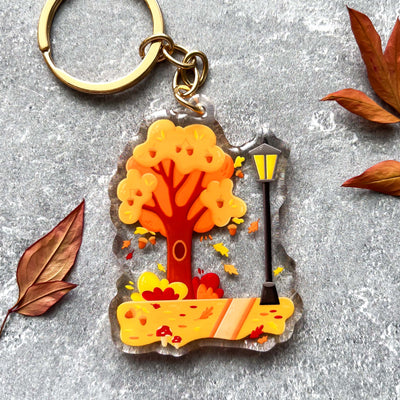 Autumn tree, autumn road transparent acrylic keychain. Double-sided, backside is the same design, but reversed.