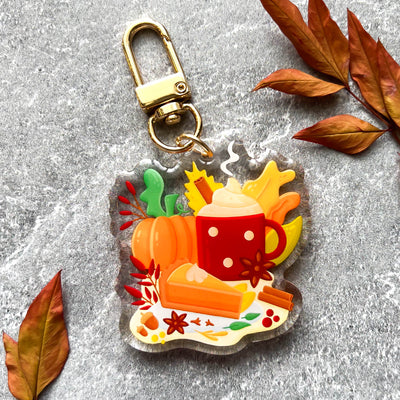 Autumn coffee and pie transparent acrylic keychain. Double-sided, backside is the same design, but reversed.