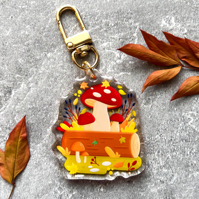 Autumn mushrooms transparent acrylic keychain. Double-sided, backside is the same design, but reversed.