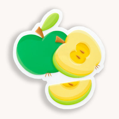 Green apple vinyl sticker, offered in classic white with white background and white border or clear sticker with a solid white backing, but is clear once the backing is removed. Stickers for kids and teachers by Simpliday Paper by Olga Nagorna.
