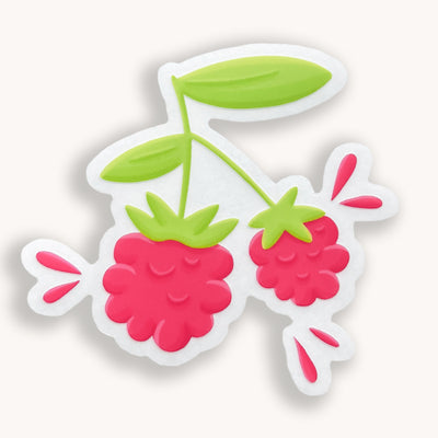 Raspberries vinyl sticker, offered in classic white with white background and white border or clear sticker with a solid white backing, but is clear once the backing is removed. Food stickers by Simpliday Paper by Olga Nagorna.