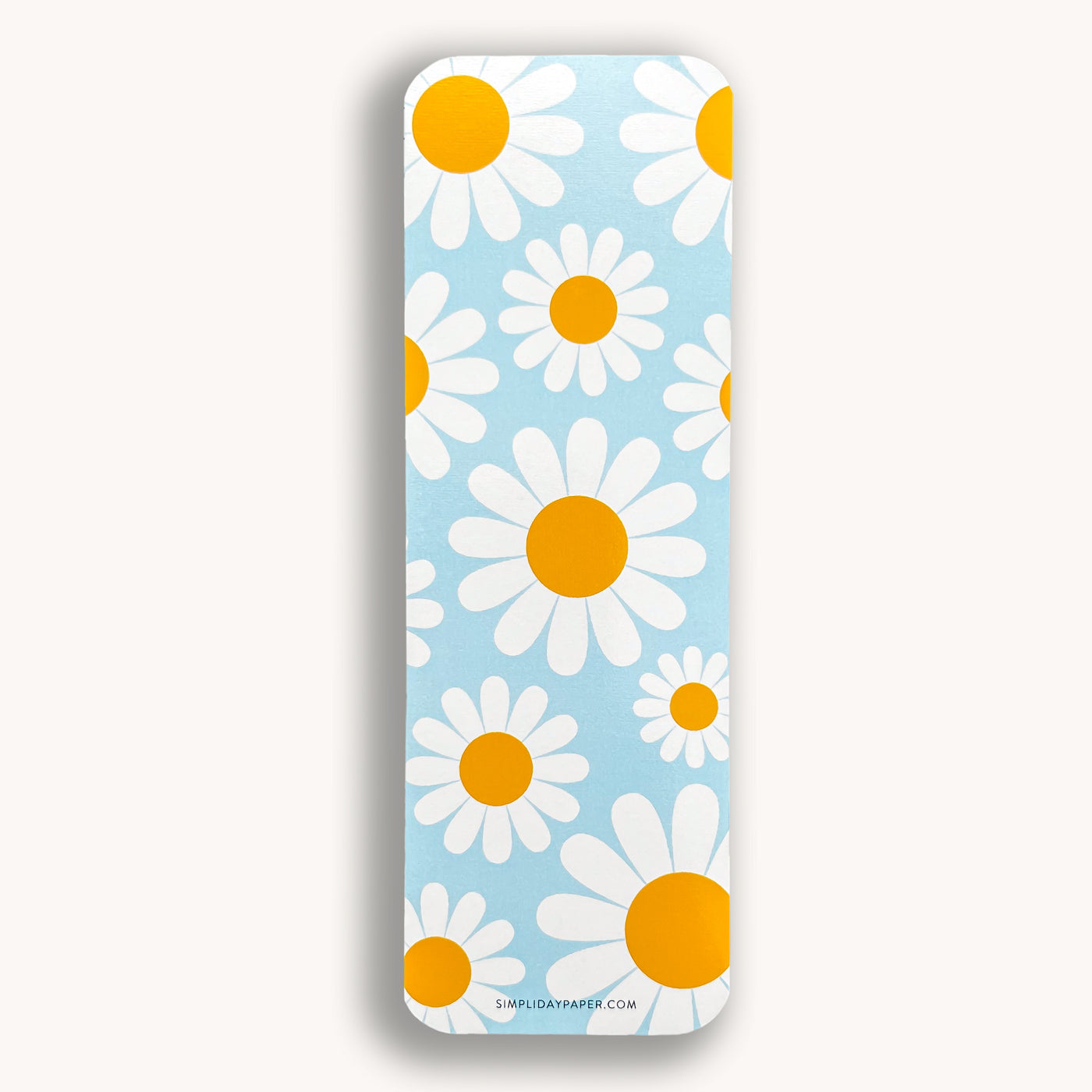 Daisies on a sky blue background bookmark with rounded corners by Simpliday Paper, Olga Nagorna.